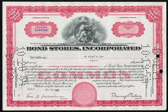 Bond Stores, Inc. Stock Certificate