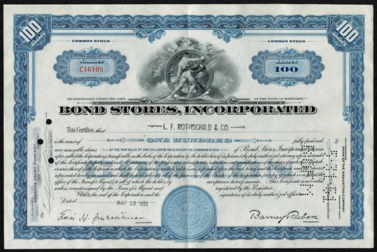 Bond Stores, Inc. Stock Certificate