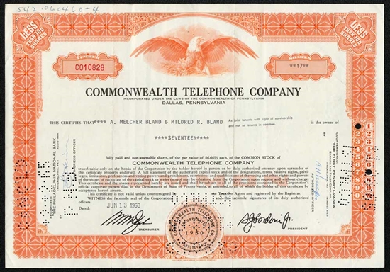 Commonwealth Telephone Company Stock Certificate