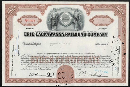 Erie-Lackawanna Railroad Company Stock Certificate - 1960s