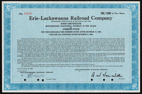 Erie-Lackawanna Railroad Company Stock Certificate