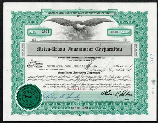 Metro-Urban Investment Company Stock Certificate