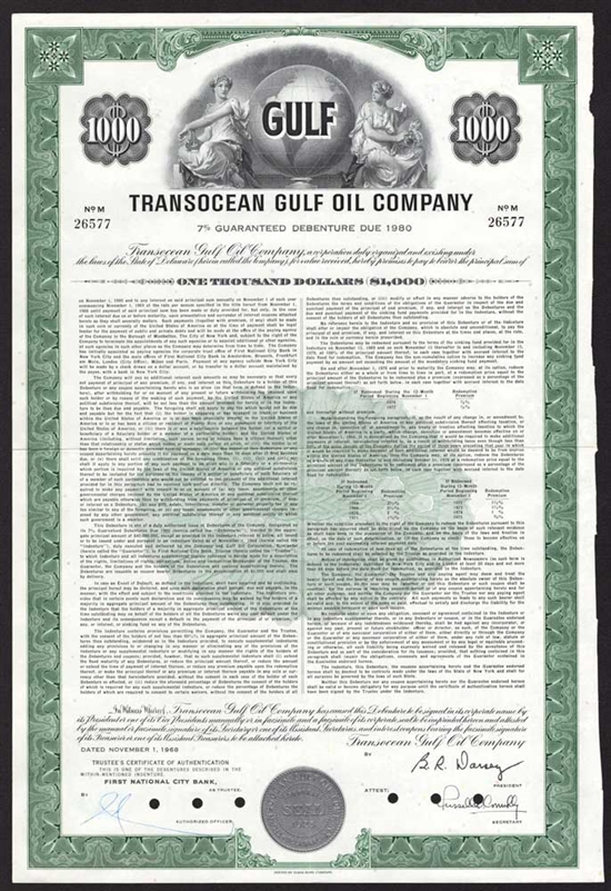 Transocean Gulf Oil Company $1000 Bond - 1968
