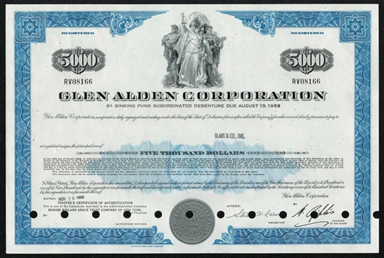 Glen Alden Corporation $5000 Bond
