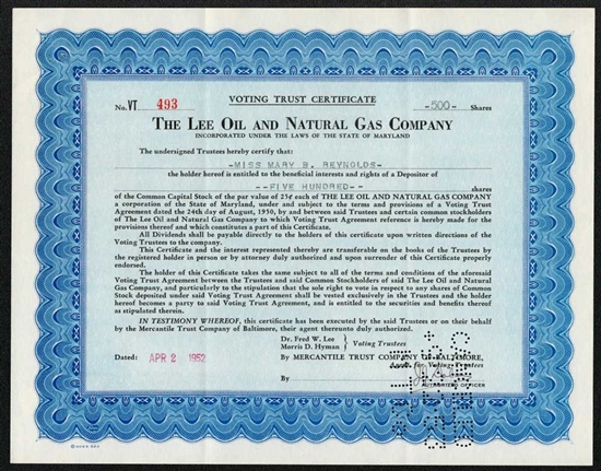 The Lee Oil and Natural Gas Company Stock Certificate