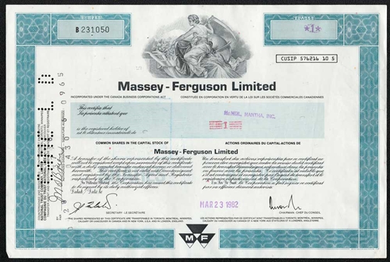 Massey-Ferguson Limited Stock Certificate