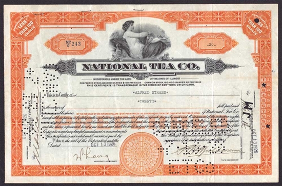 National Tea Company Stock Certificate - 1926