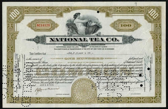 National Tea Co Stock Certificate