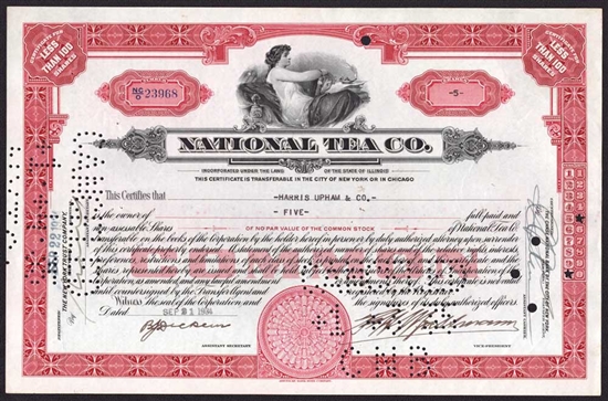 National Tea Company Stock Certificate - 1926