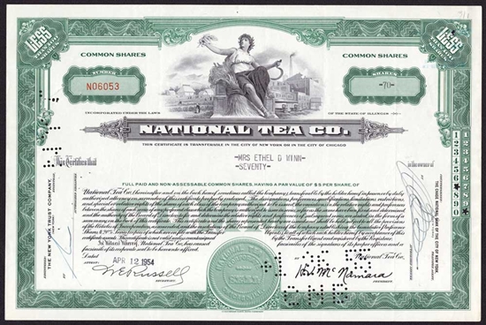 National Tea Company Stock Certificate - 1926