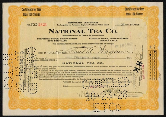National Tea Co Preferred Stock Certificate