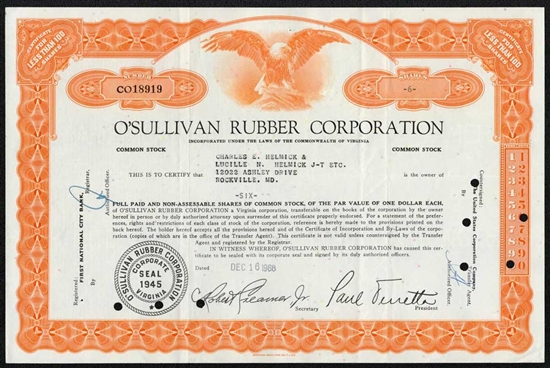 O'Sullivan Rubber Corporation Stock Certificate