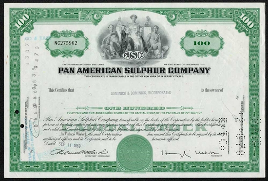 Pan American Sulphur company Stock Certificate