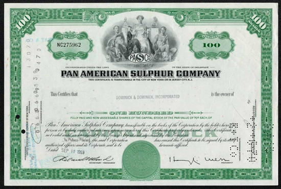 Pan American Sulphur company Stock Certificate