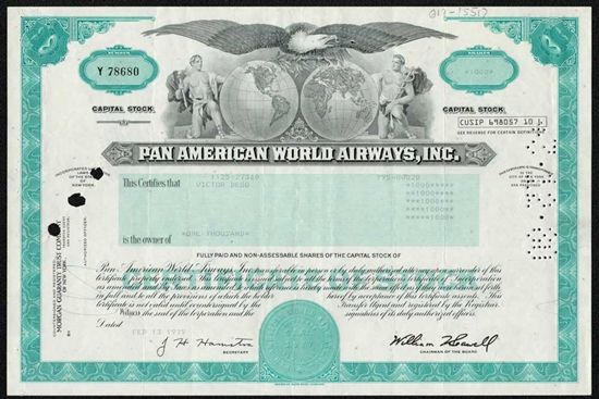Pan American World Airways, Inc. Stock Certificate