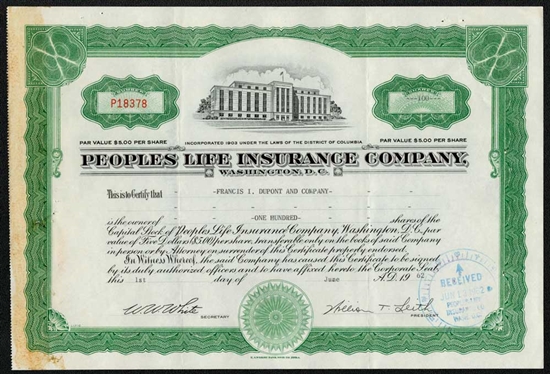 Peoples Life Insurance Company Stock Certificate