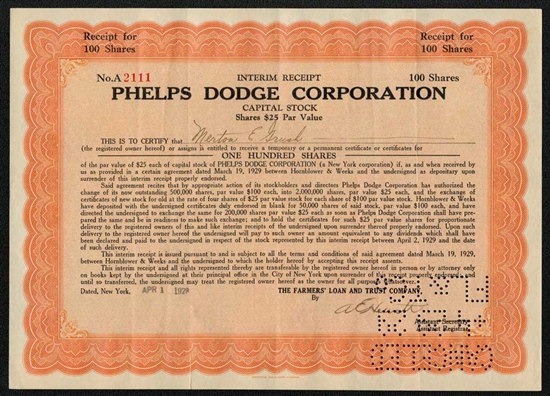 Phelps Dodge Corporation Stock Certificate