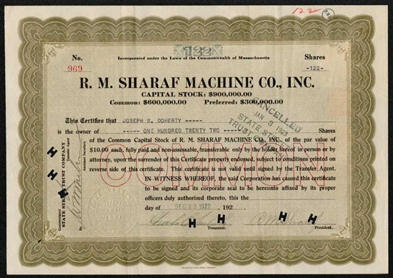 R.M. Sharaf Machine Co., Inc. Stock