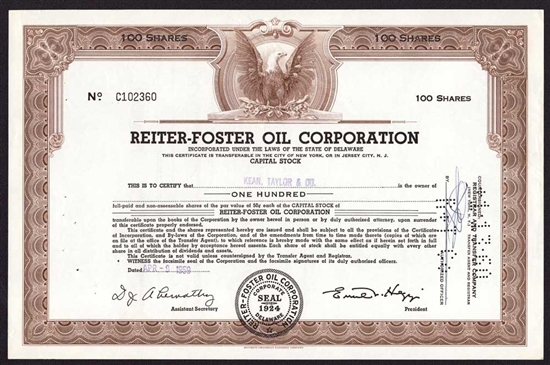 Reiter-Foster Oil Corporation Stock Certificate