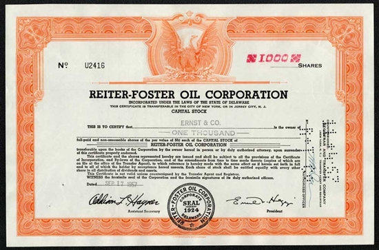 Reiter-Foster Oil Corporation Stock Certificate