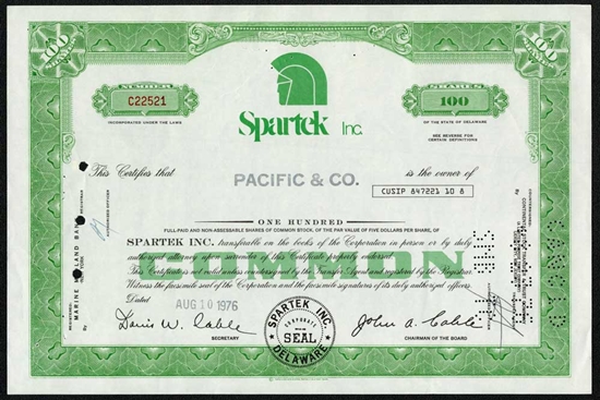 Spartek Inc. Stock Certificate