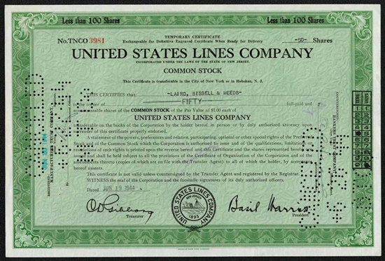United States Lines Company Stock Certificate