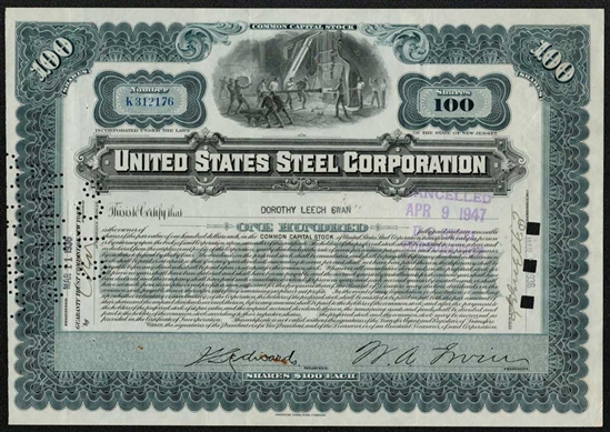 United States Steel Corporation Stock Certificate - 1936