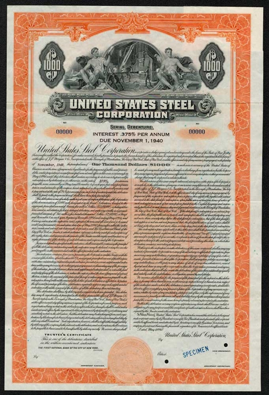 US Steel Corp Specimen $1000 Bond Certificate - 1940