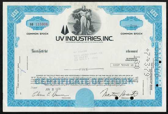 UV Industries, Inc. Stock Certificate