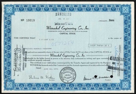 Weinschel Engineering Co., Inc.  Stock Certificate