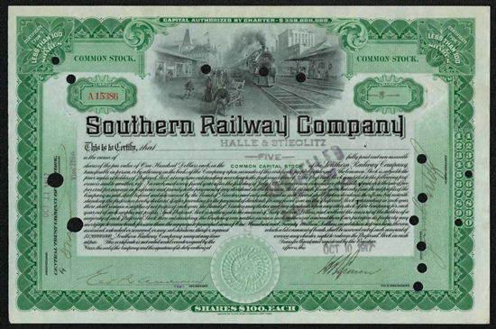 Southern Railway Company Stock Certificate - Early 1900s