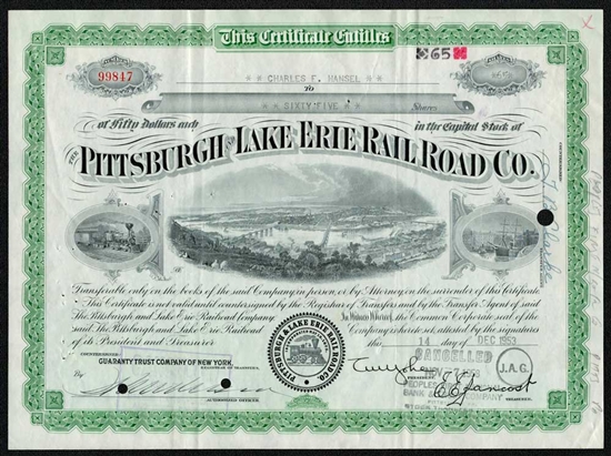 Pittsburgh and Lake Erie Railroad Company Stock Certificate
