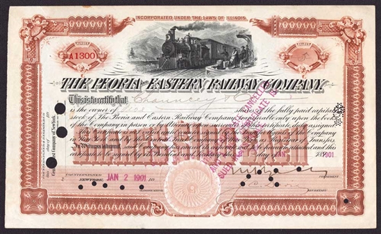 The Peoria and Eastern Railway Co Stock Certificate - 1901