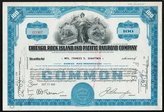 The Chicago, Rock Island and Pacific Railroad Company Stock Certificate