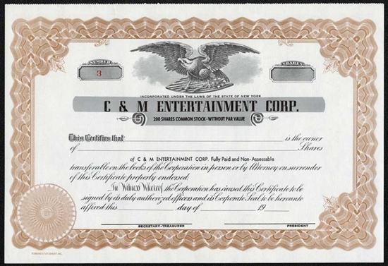 C&M Entertainment Corp. Stock Certificate