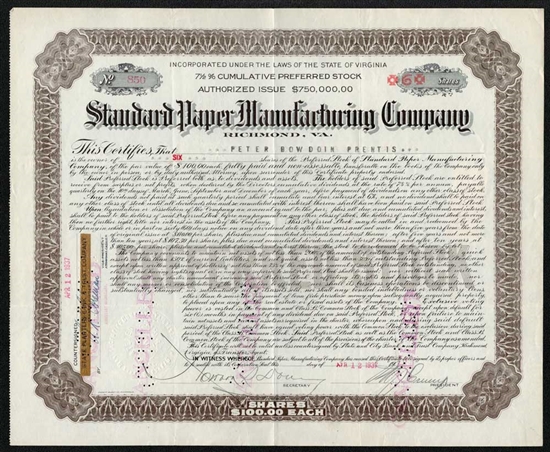 Standard Paper Manufacturing Company Stock Certificate