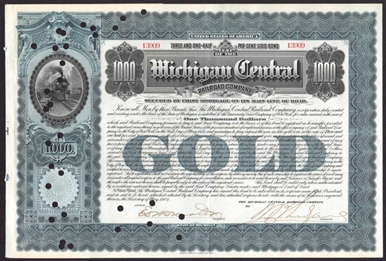 Michigan Central Railroad Company $1,000 Gold Bond - 1902