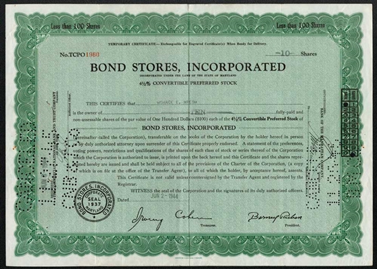 Bond Stores, Inc Preferred Stock