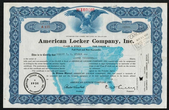 American Locker Company, Inc. Stock Certificate - Blue