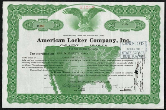 American Locker Company, Inc. Stock Certificate - Green