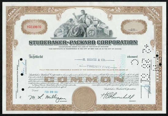 Studebaker-Packard, Corp. Stock Certificate