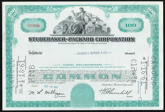 Studebaker-Packard, Corp. Stock Certificate - Green