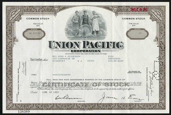 Union Pacific Corp. Stock Certificate - Brown
