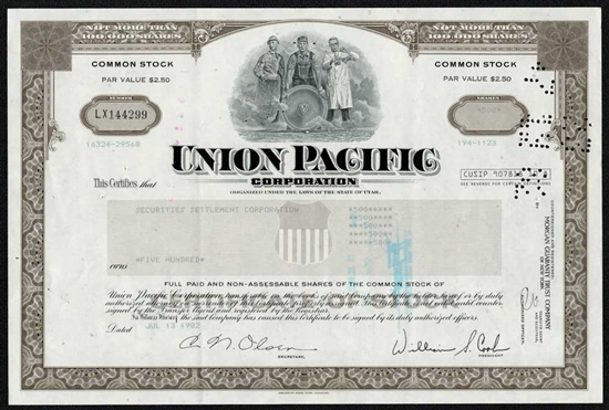 Union Pacific Corp. Stock Certificate - Brown