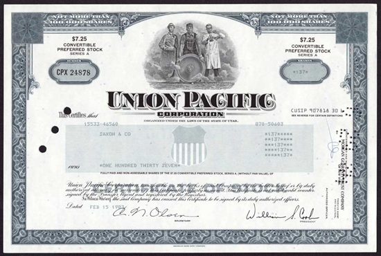 Union Pacific Corp. Stock Certificate - Brown
