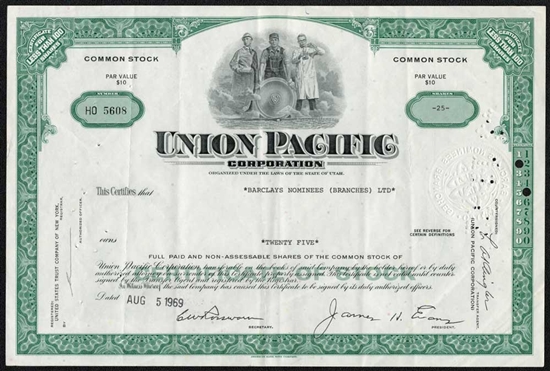 Union Pacific Corp. Stock Certificate - Green