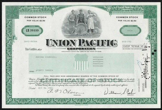 Union Pacific Corp. Stock Certificate - Green