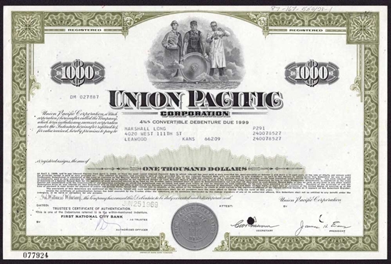 Union Pacific Corp. $1000 Bond - 1969