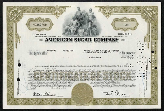 American Sugar Company Stock Certificate - Olive