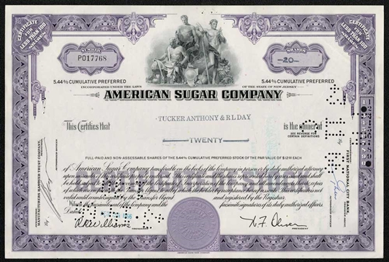 American Sugar Company Stock Certificate - Purple